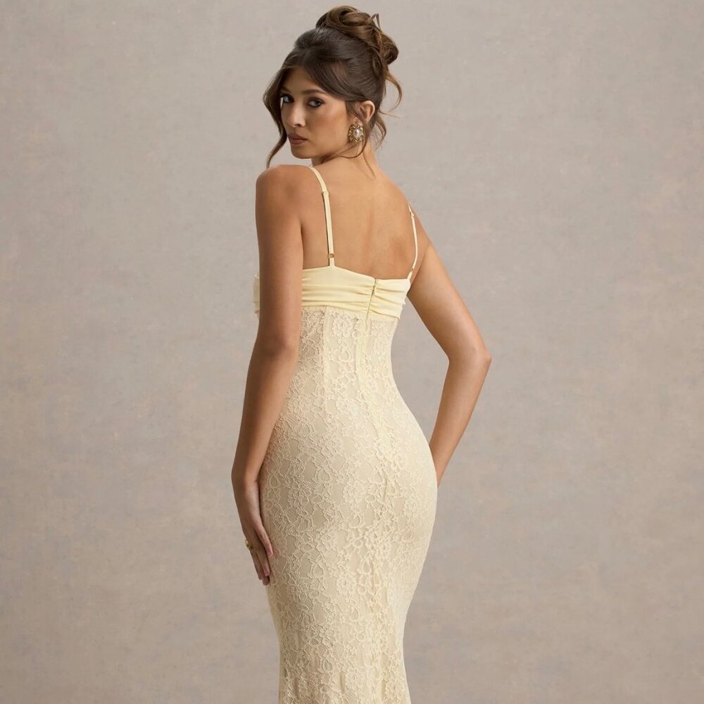 Pale Lemon Satin Sweetheart Maxi Dress with Lace Details - Picture 4 of 4